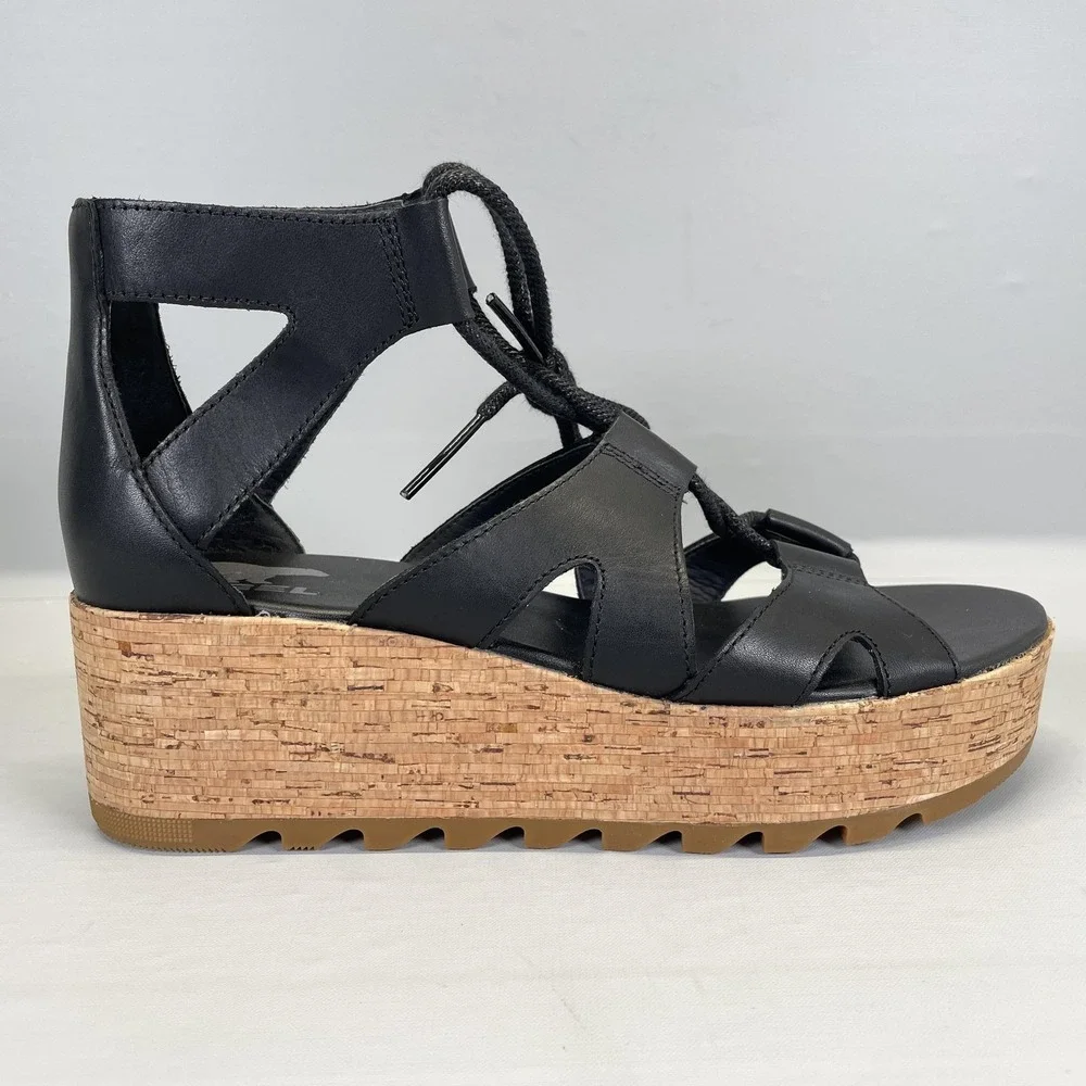 Sorel Cameron Flatform Wedge Sandals Womens Size 9.5 Black Leather Strappy Shoes